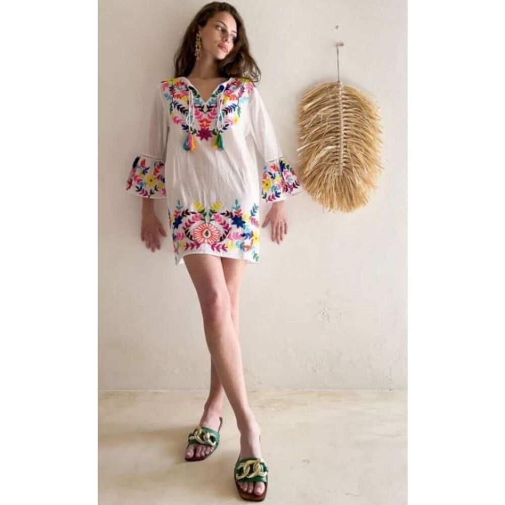Debbie Katz Womens Embroidered Floral Kaftan Kimono Dress White Size Small NWOT